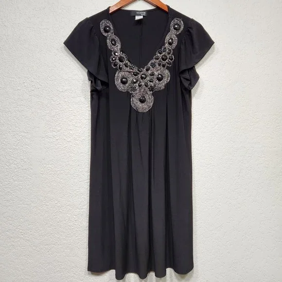 Robe Cocktail NIC&DOM - Col V Perlé, Manches Courtes, Taille 1X Noir Uni - Occasion Très Bon état